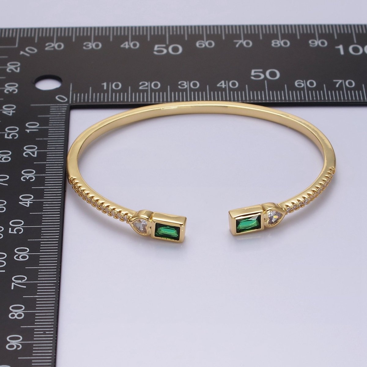 14K Gold Filled Clear, Green, Pink Baguette Heart CZ Micro Paved Cuff Bracelet in Gold & Silver | WA-2124 - WA-2128 Clearance Pricing - DLUXCA