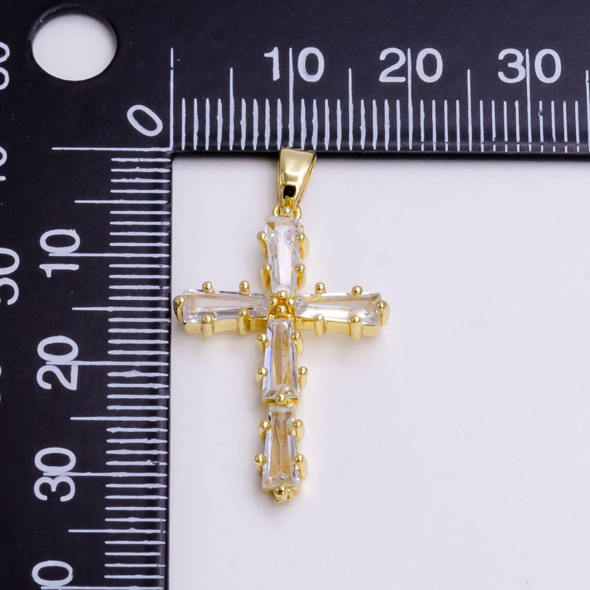 14K Gold Filled Clear, Green, Pink, Black Baguette Lined Latin Cross Pendant | N-1468 - N-1471 - DLUXCA