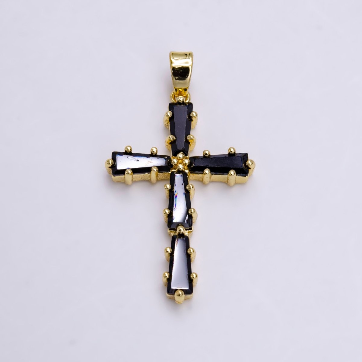 14K Gold Filled Clear, Green, Pink, Black Baguette Lined Latin Cross Pendant | N-1468 - N-1471 - DLUXCA