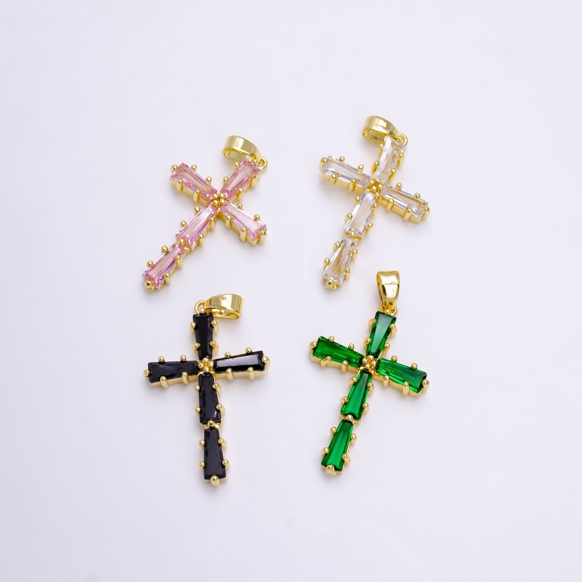 14K Gold Filled Clear, Green, Pink, Black Baguette Lined Latin Cross Pendant | N-1468 - N-1471 - DLUXCA