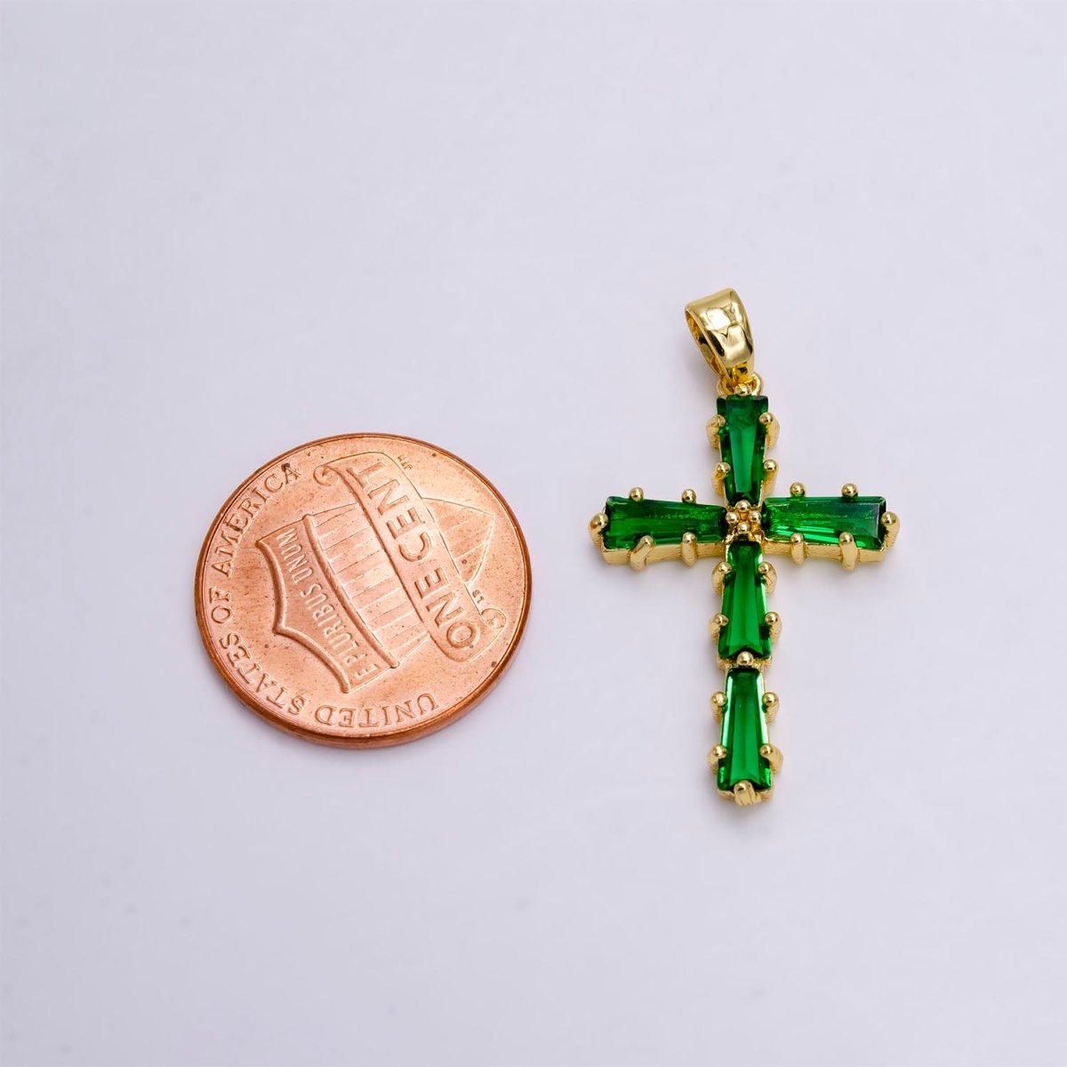 14K Gold Filled Clear, Green, Pink, Black Baguette Lined Latin Cross Pendant | N-1468 - N-1471 - DLUXCA