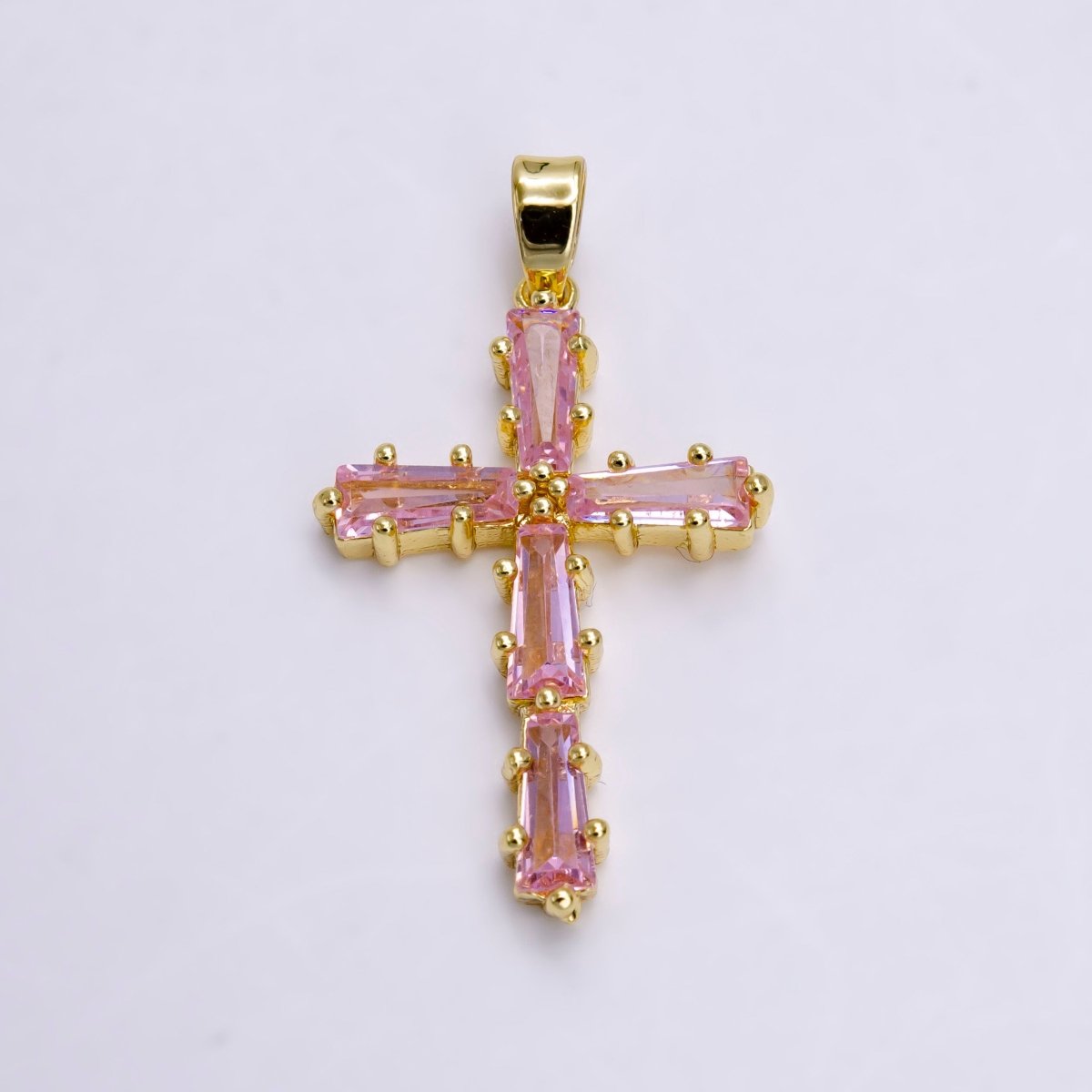 14K Gold Filled Clear, Green, Pink, Black Baguette Lined Latin Cross Pendant | N-1468 - N-1471 - DLUXCA