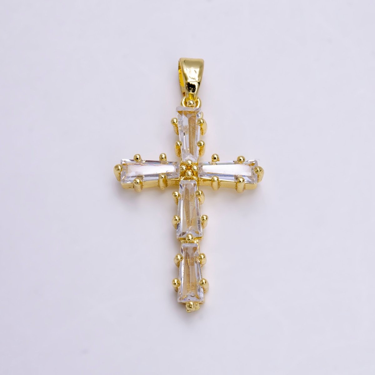 14K Gold Filled Clear, Green, Pink, Black Baguette Lined Latin Cross Pendant | N-1468 - N-1471 - DLUXCA