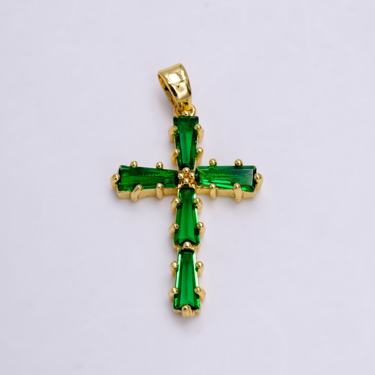 14K Gold Filled Clear, Green, Pink, Black Baguette Lined Latin Cross Pendant | N-1468 - N-1471 - DLUXCA