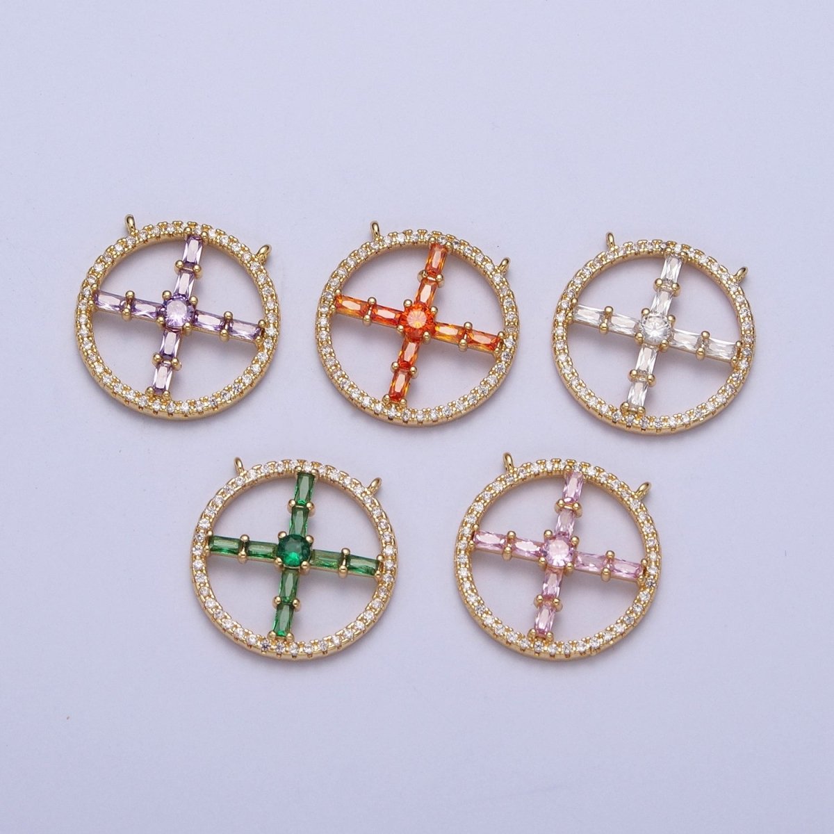 14K Gold Filled Clear, Green, Purple, Pink, Blue, Orange CZ Baguette Open Micro Paved Round Connector | G885 - G890 - DLUXCA