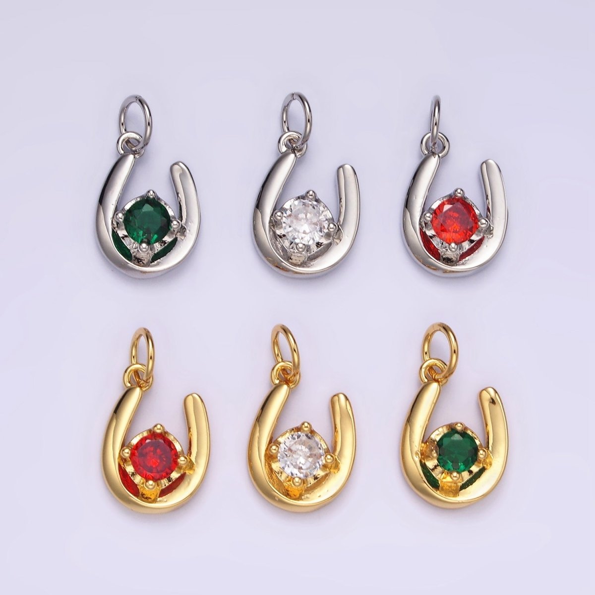 14K Gold Filled Clear, Green, Red CZ Lucky U Horseshoe Charm in Gold & Silver | AC827 - AC832 - DLUXCA