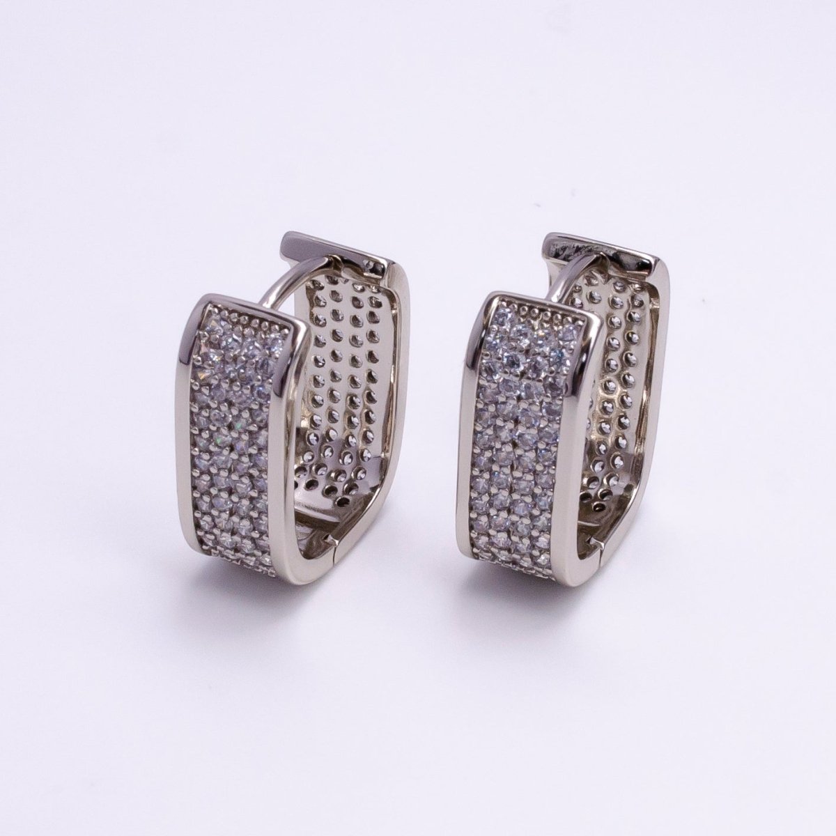 14K Gold Filled Clear Micro Paved CZ Boxy Oblong Hoop Earrings in Gold & Silver | AE581 AE582 - DLUXCA