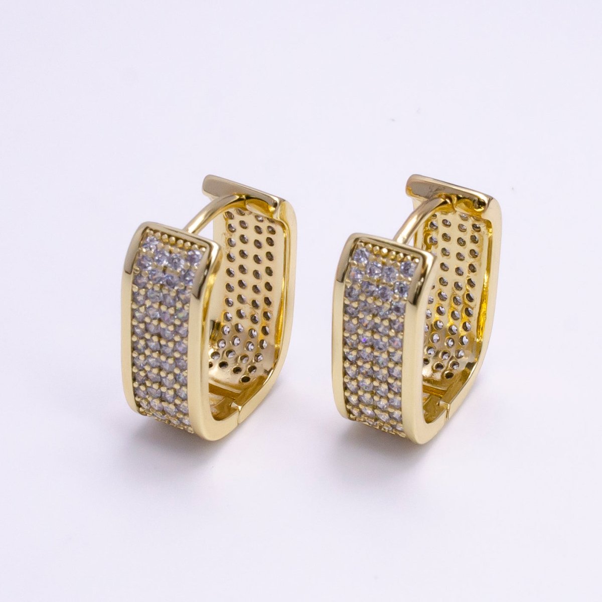 14K Gold Filled Clear Micro Paved CZ Boxy Oblong Hoop Earrings in Gold & Silver | AE581 AE582 - DLUXCA