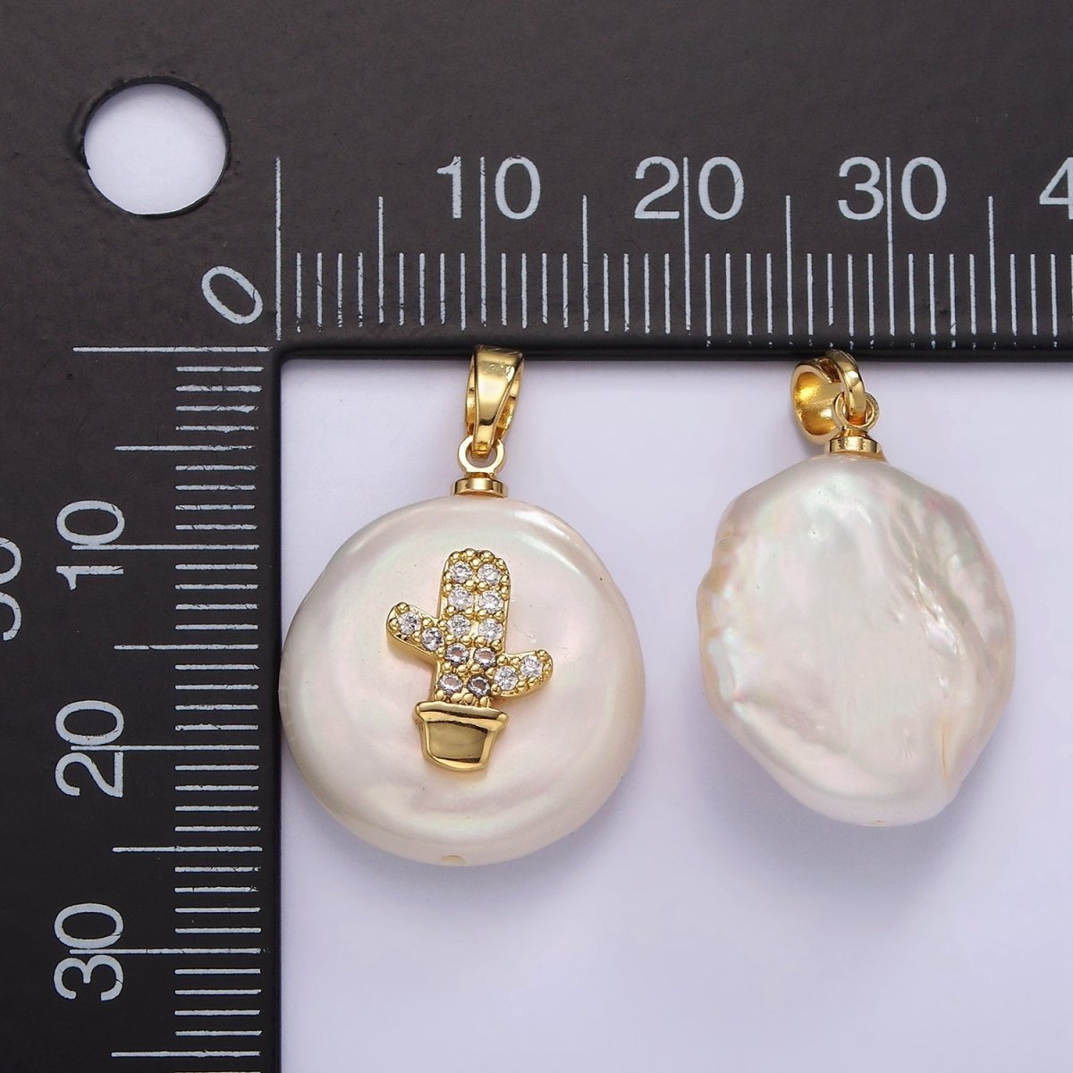 14K Gold Filled Clear Micro Paved CZ Cactus Plant Freshwater Pearl Pendant | P1667 - DLUXCA