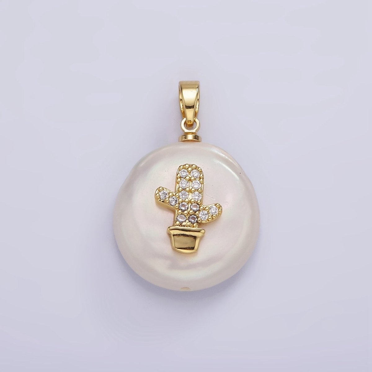 14K Gold Filled Clear Micro Paved CZ Cactus Plant Freshwater Pearl Pendant | P1667 - DLUXCA