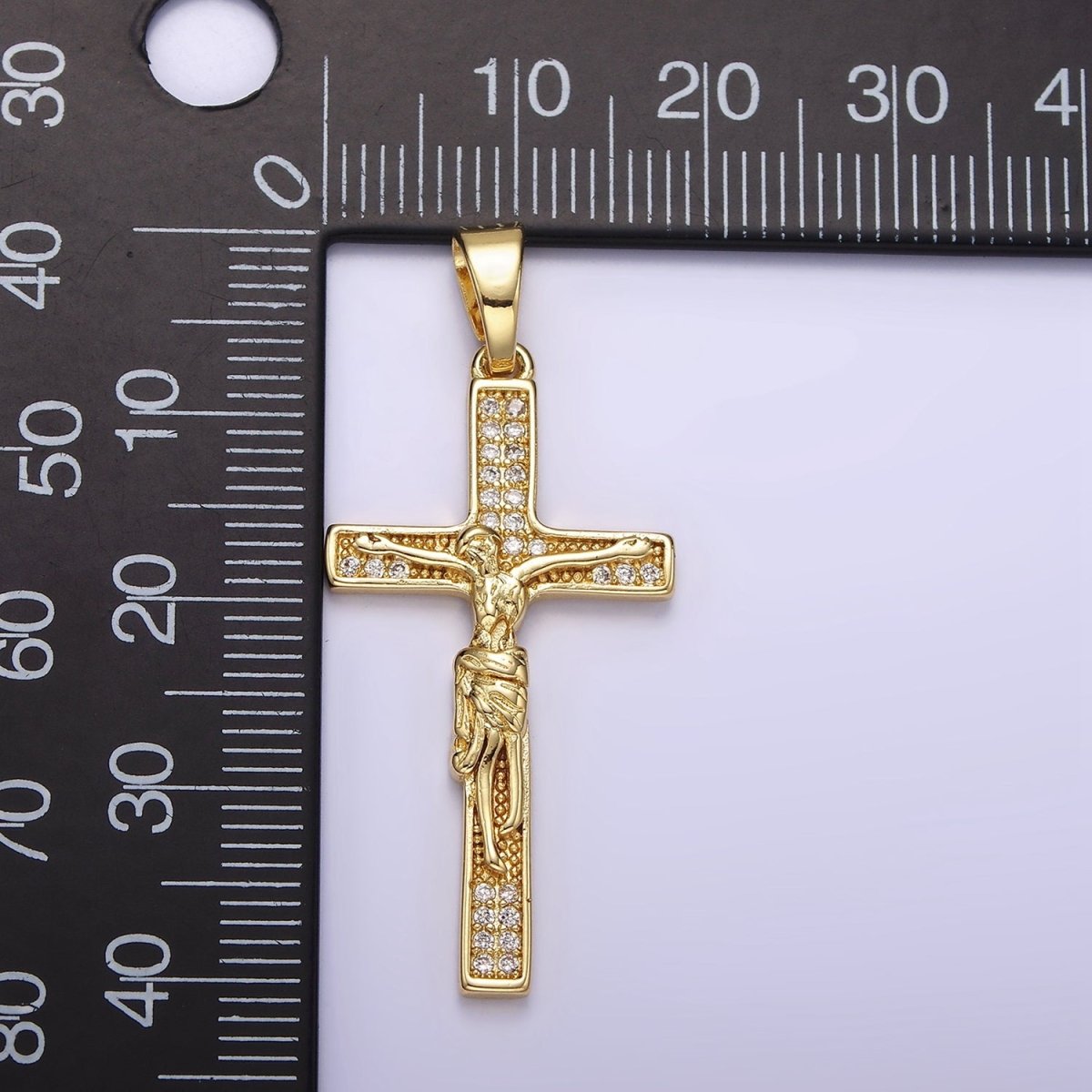 14K Gold Filled Clear Micro Paved CZ Crucifix Latin Cross Pendant | N1281 - DLUXCA