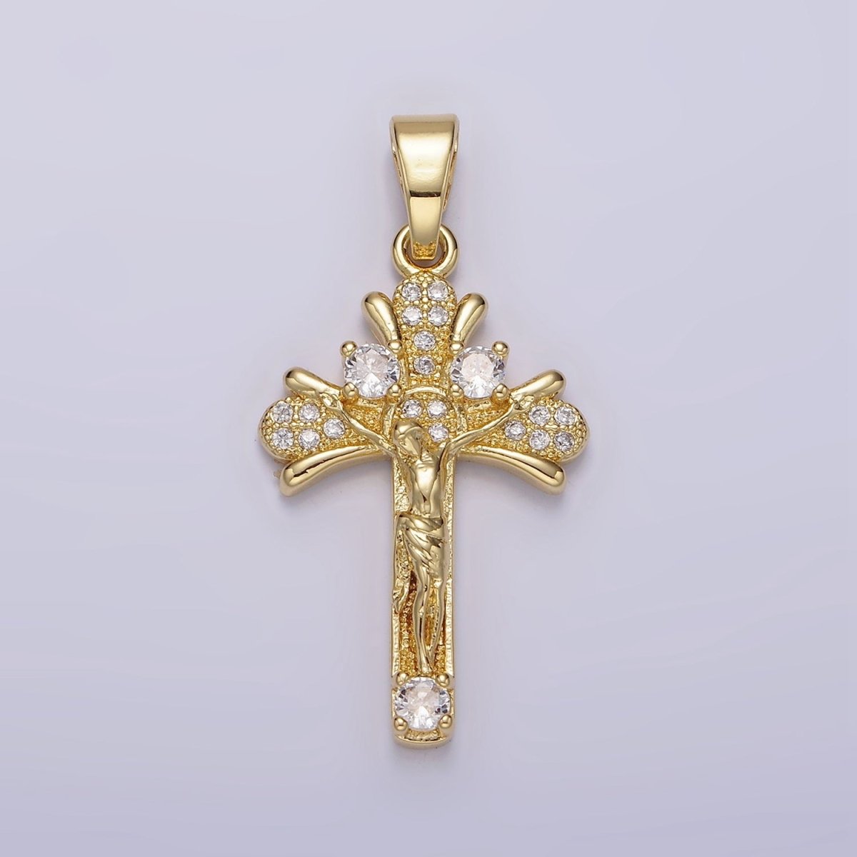 14K Gold Filled Clear Micro Paved CZ Curved Crucifix Cross Pendant | N1282 - DLUXCA