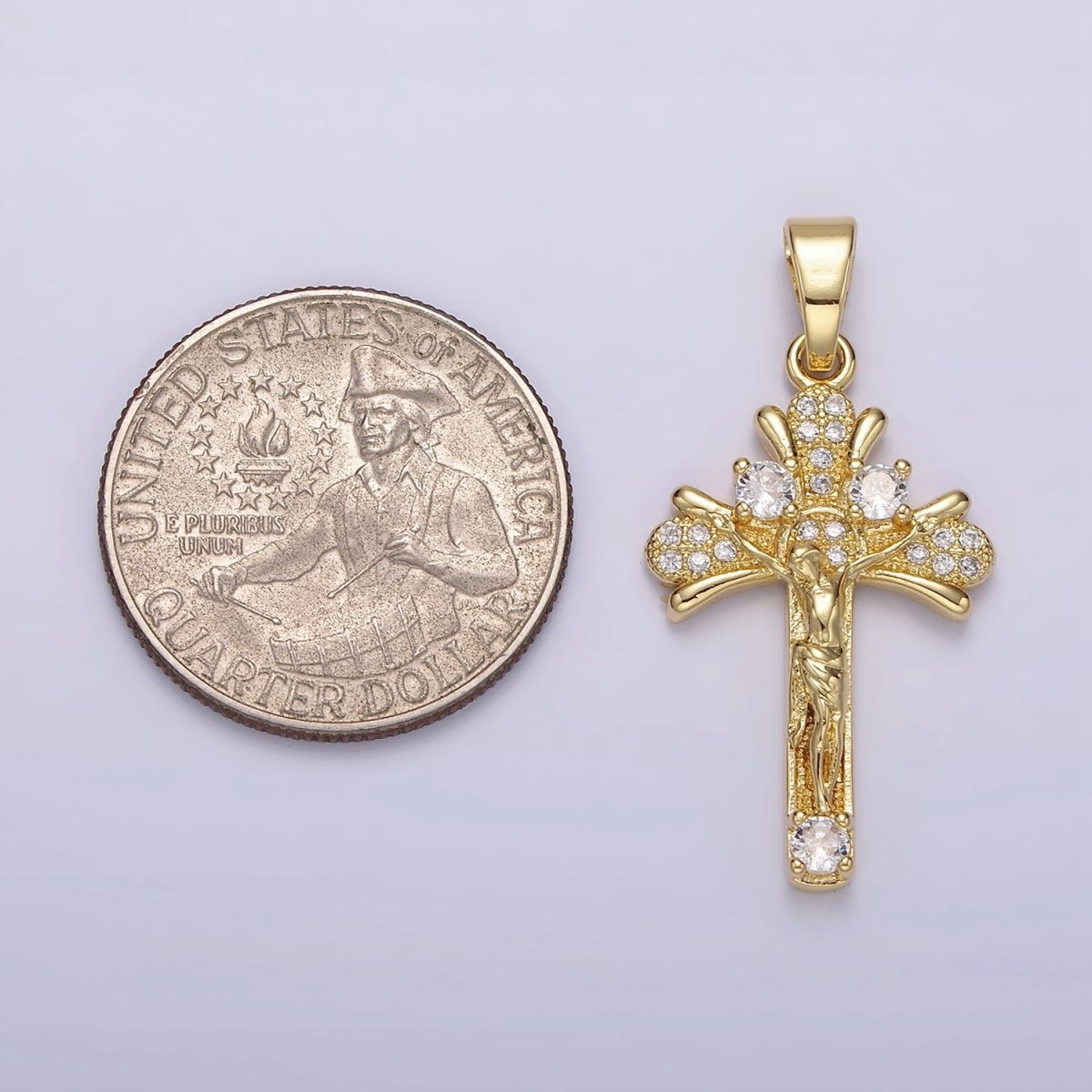 14K Gold Filled Clear Micro Paved CZ Curved Crucifix Cross Pendant | N1282 - DLUXCA