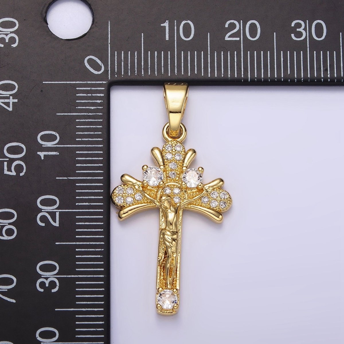 14K Gold Filled Clear Micro Paved CZ Curved Crucifix Cross Pendant | N1282 - DLUXCA