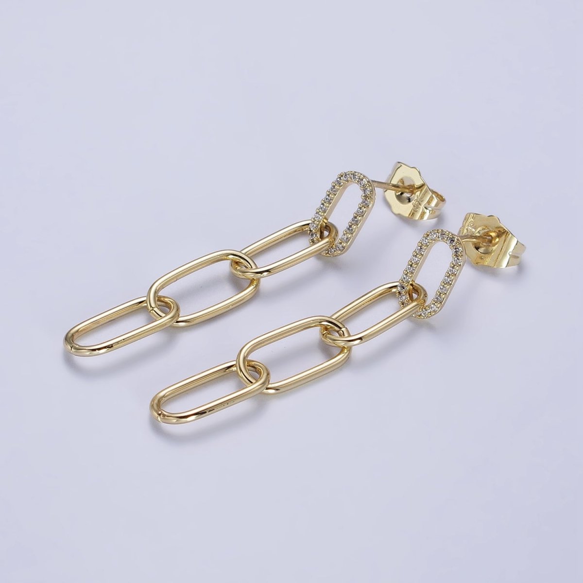 14K Gold Filled Clear Micro Paved CZ Paper Clip Drop Dangle Stud Earrings | AB329 - DLUXCA