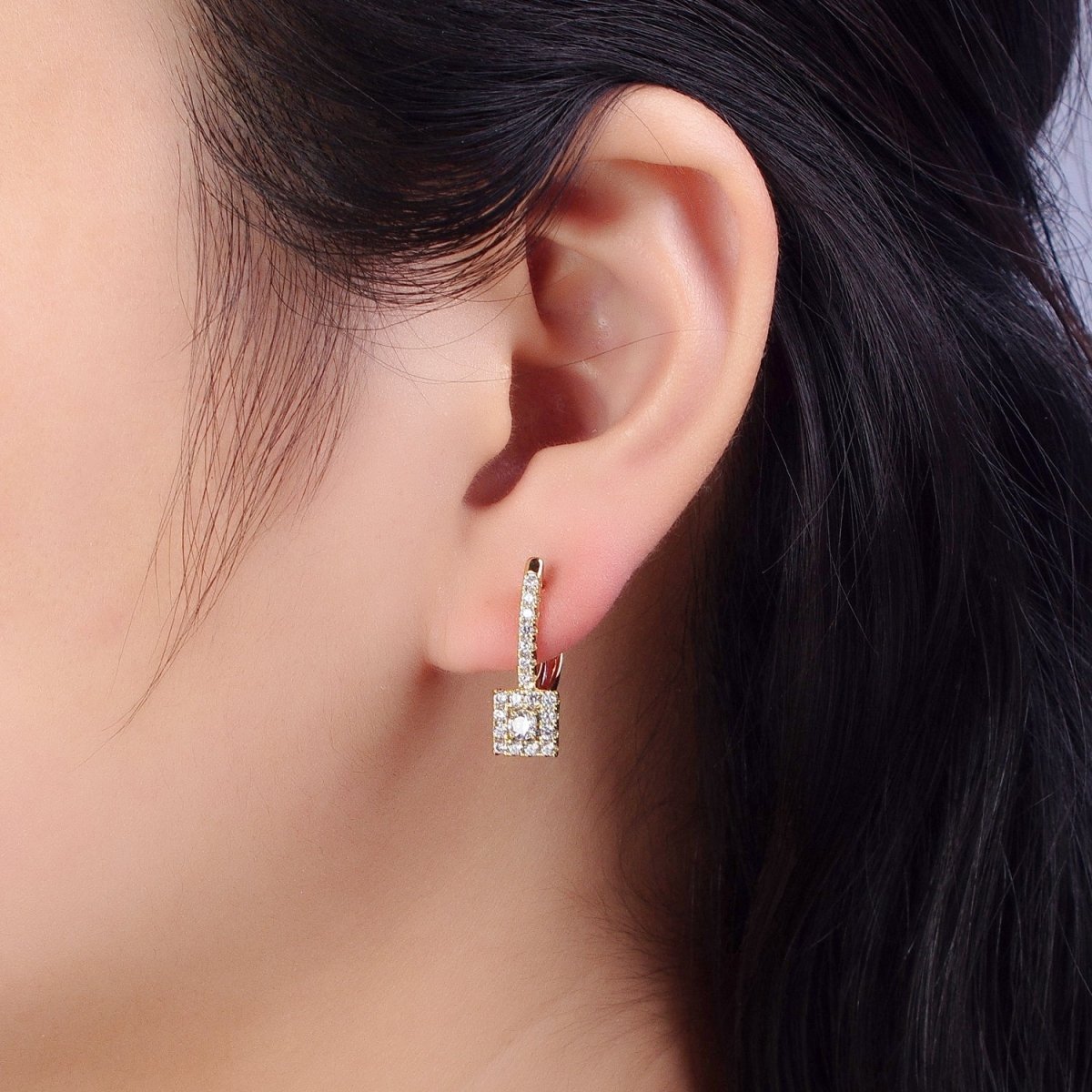 14K Gold Filled Clear Micro Paved CZ Square English Lock Earrings | AB316 - DLUXCA