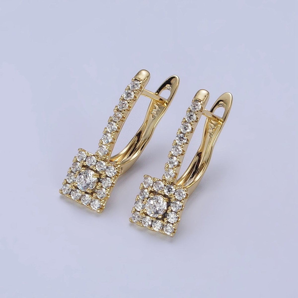 14K Gold Filled Clear Micro Paved CZ Square English Lock Earrings | AB316 - DLUXCA