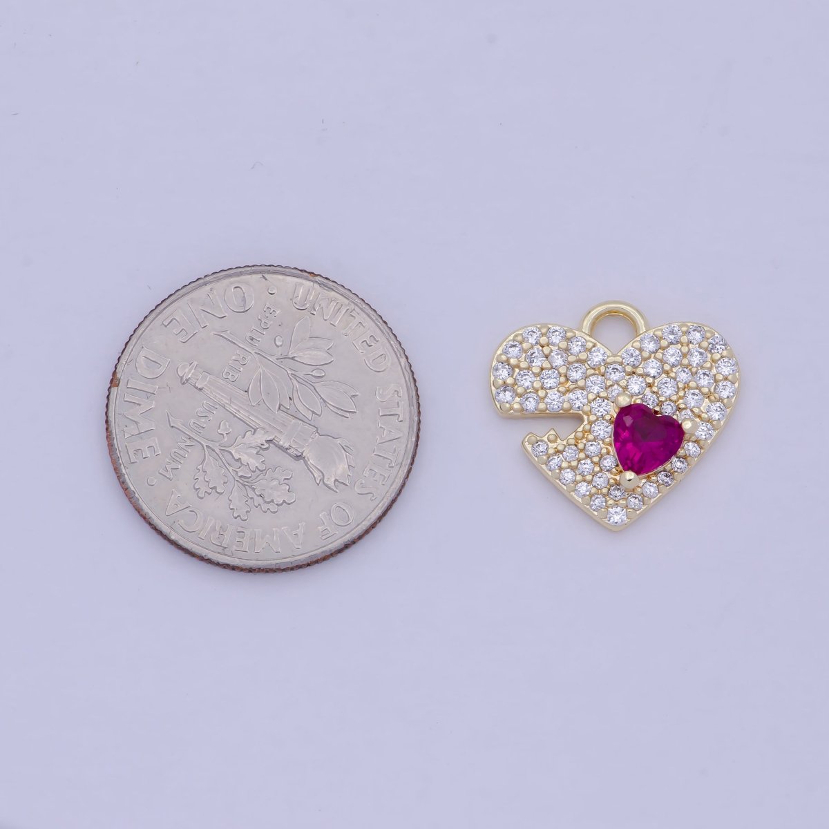 14K Gold Filled Clear Micro Paved Fuchsia CZ Heart Valentine Charm E-778 - DLUXCA