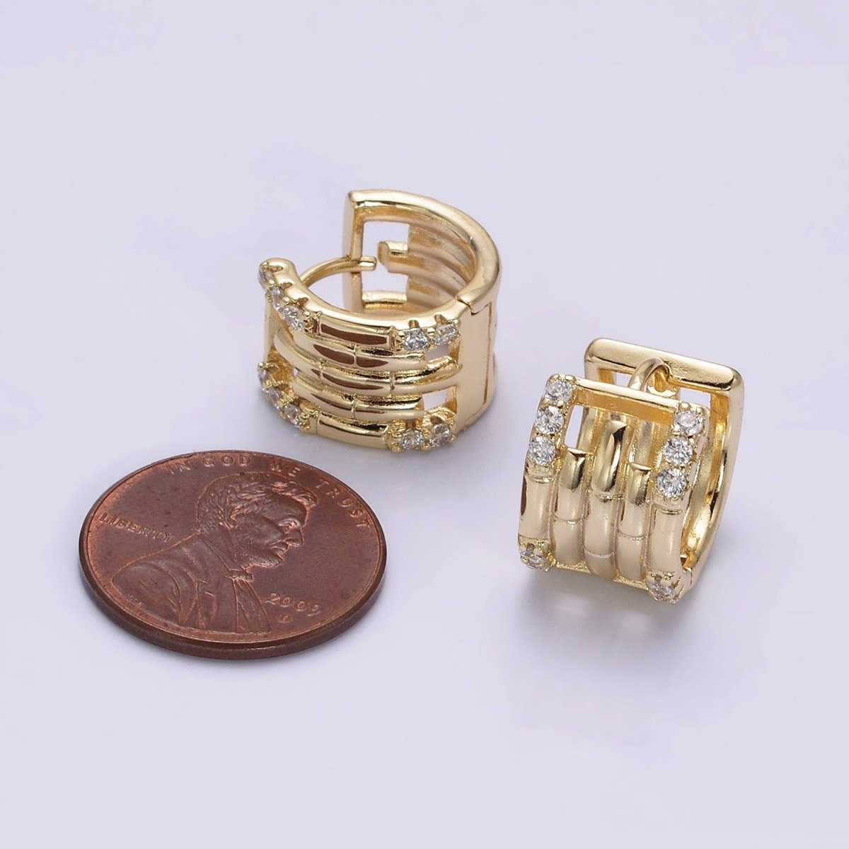 14K Gold Filled Clear Micro Paved Lined Multiple Band Bamboo Wide 14mm Huggie Earrings | AE549 - DLUXCA