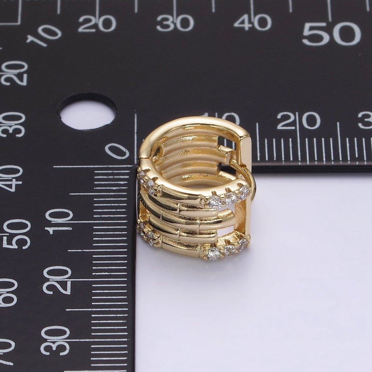 14K Gold Filled Clear Micro Paved Lined Multiple Band Bamboo Wide 14mm Huggie Earrings | AE549 - DLUXCA