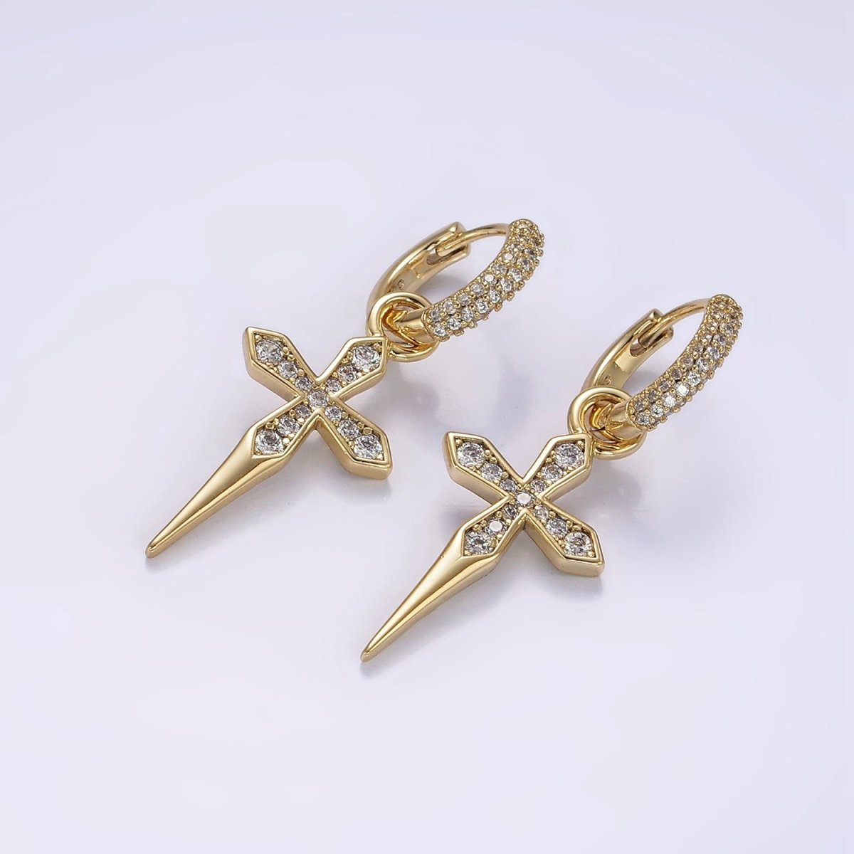 14K Gold Filled Clear Micro Paved Passion Cross Drop Huggie Earrings | AE927 - DLUXCA