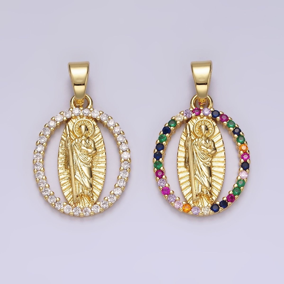 14K Gold Filled Clear, Multicolor CZ Saint Jude Sunburst Open Oval Pendant | N1309 N1310 - DLUXCA
