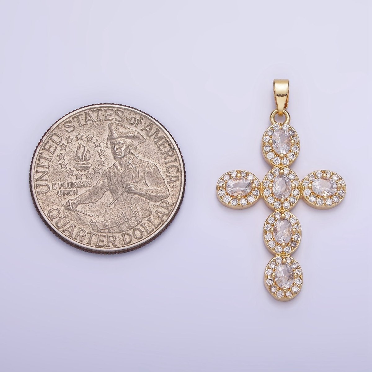 14K Gold Filled Clear, Multicolor Micro Paved Oval Cross Pendant in Gold & Silver | AA1166 AA1167 - DLUXCA