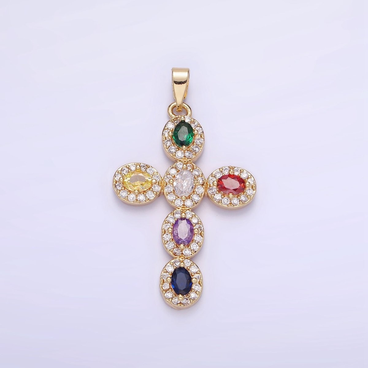 14K Gold Filled Clear, Multicolor Micro Paved Oval Cross Pendant in Gold & Silver | AA1166 AA1167 - DLUXCA