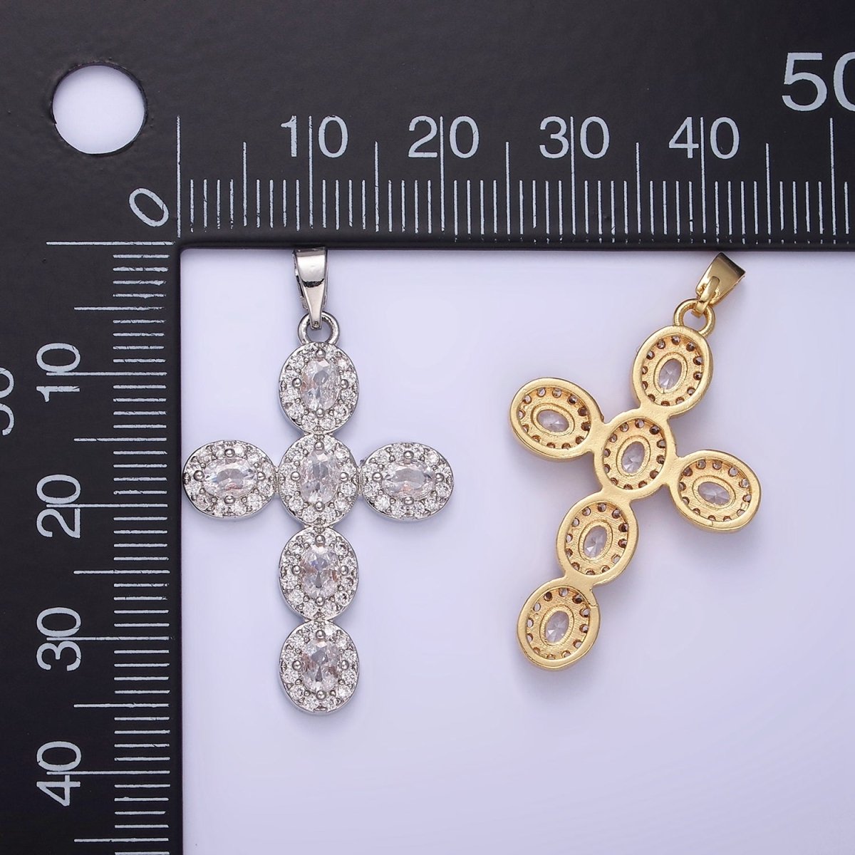 14K Gold Filled Clear, Multicolor Micro Paved Oval Cross Pendant in Gold & Silver | AA1166 AA1167 - DLUXCA