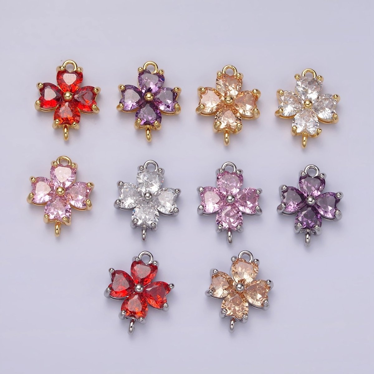 14K Gold Filled Clear, Peach, Pink, Purple, Red CZ Heart Petal Flower Connector in Gold & Silver | G-193 - G-202 - DLUXCA