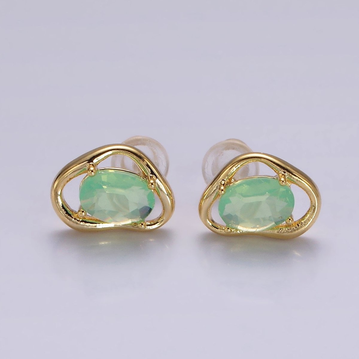 14K Gold Filled Clear, Pink, Blue, Green Oval CZ Open Abstract Bezel Stud Earrings in Gold & Silver | V330 - V341 - DLUXCA
