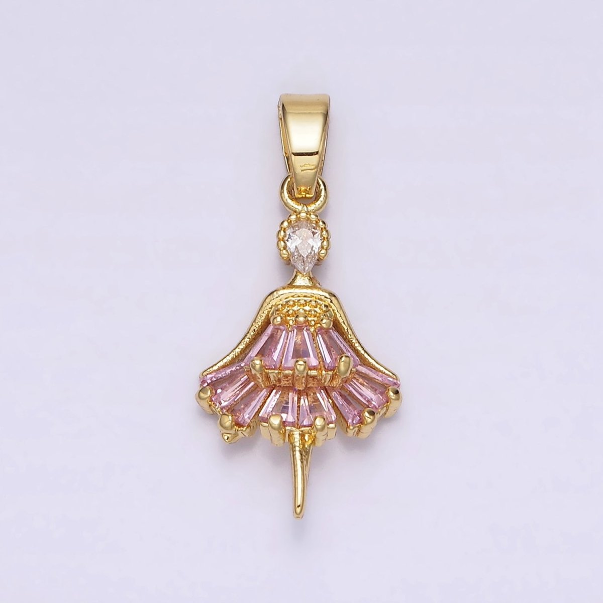 14K Gold Filled Clear, Pink CZ Baguette Dress Ballerina Pendant | AA717 AA718 - DLUXCA