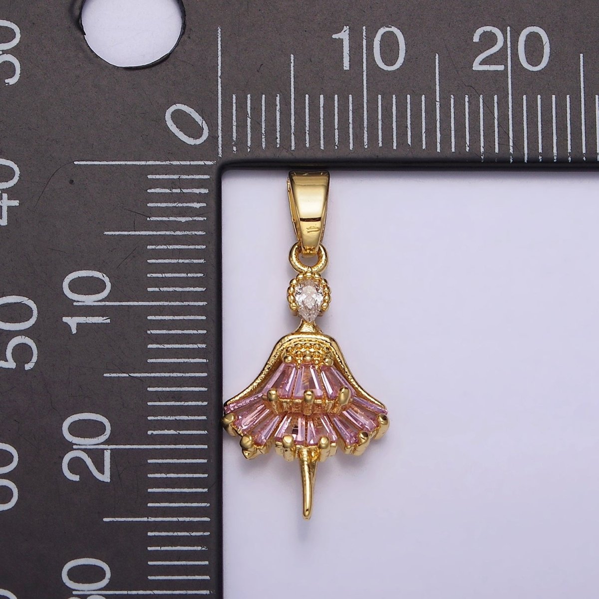 14K Gold Filled Clear, Pink CZ Baguette Dress Ballerina Pendant | AA717 AA718 - DLUXCA