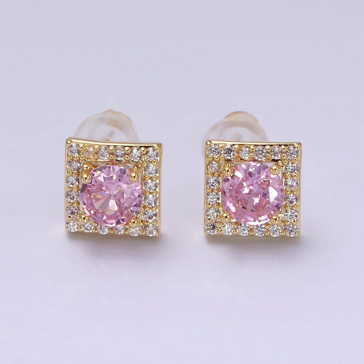 14K Gold Filled Clear, Pink CZ Micro Paved Square Stud Earrings | V273 V274 - DLUXCA