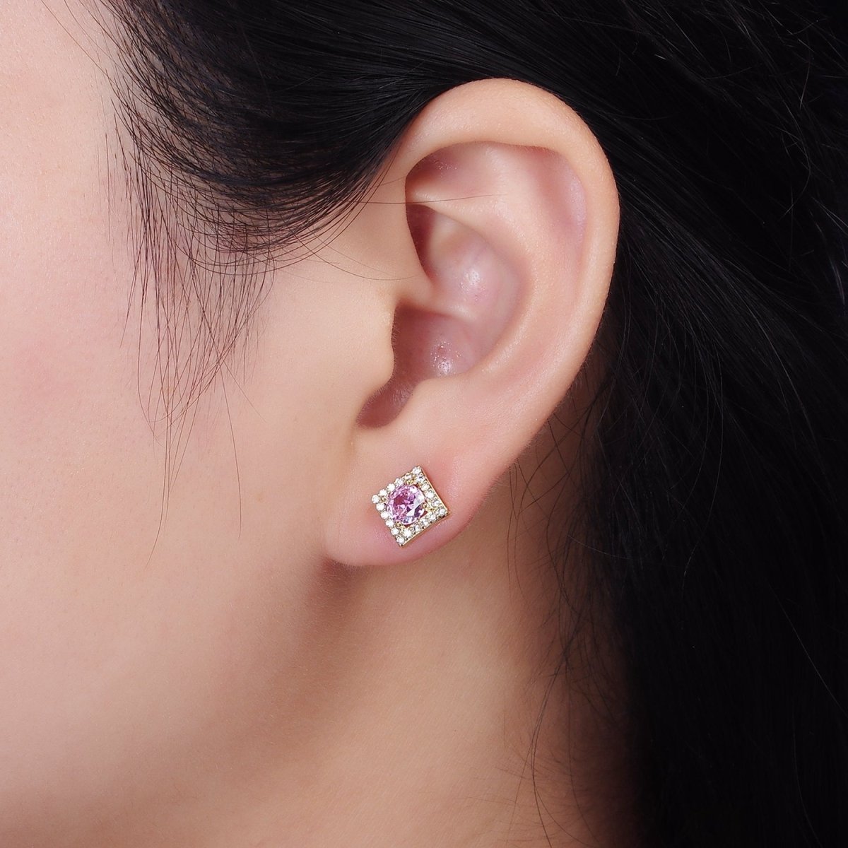 14K Gold Filled Clear, Pink CZ Micro Paved Square Stud Earrings | V273 V274 - DLUXCA