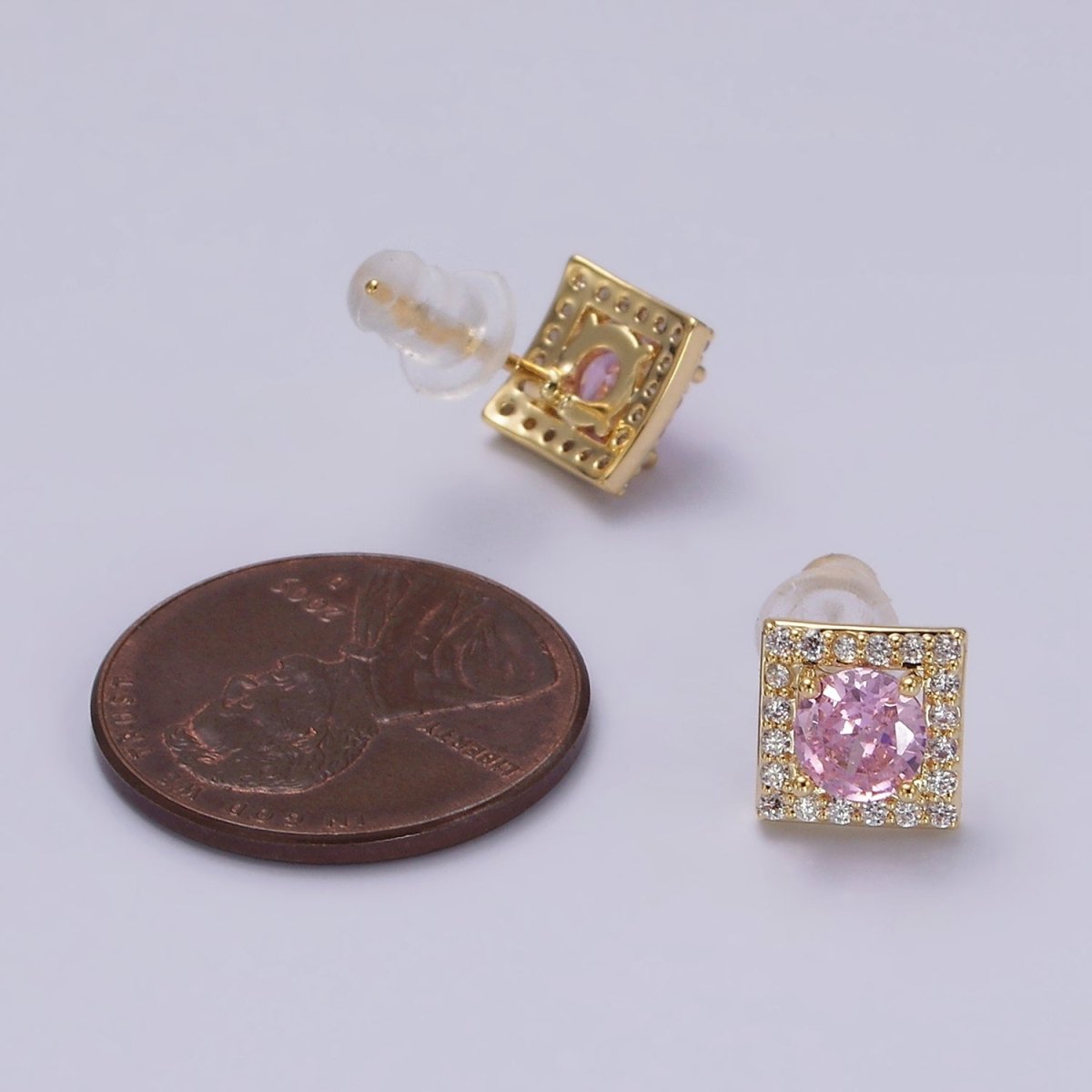 14K Gold Filled Clear, Pink CZ Micro Paved Square Stud Earrings | V273 V274 - DLUXCA