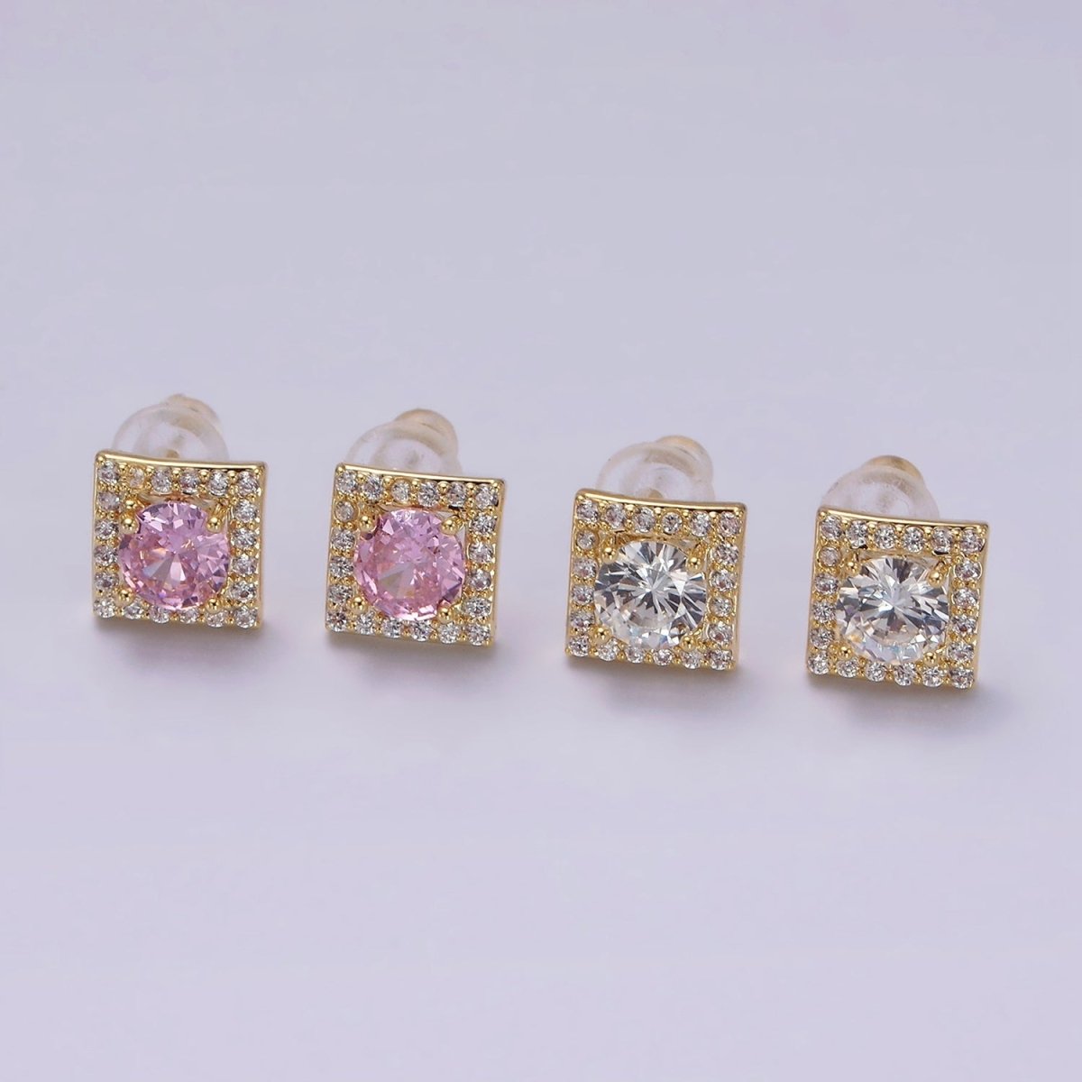 14K Gold Filled Clear, Pink CZ Micro Paved Square Stud Earrings | V273 V274 - DLUXCA