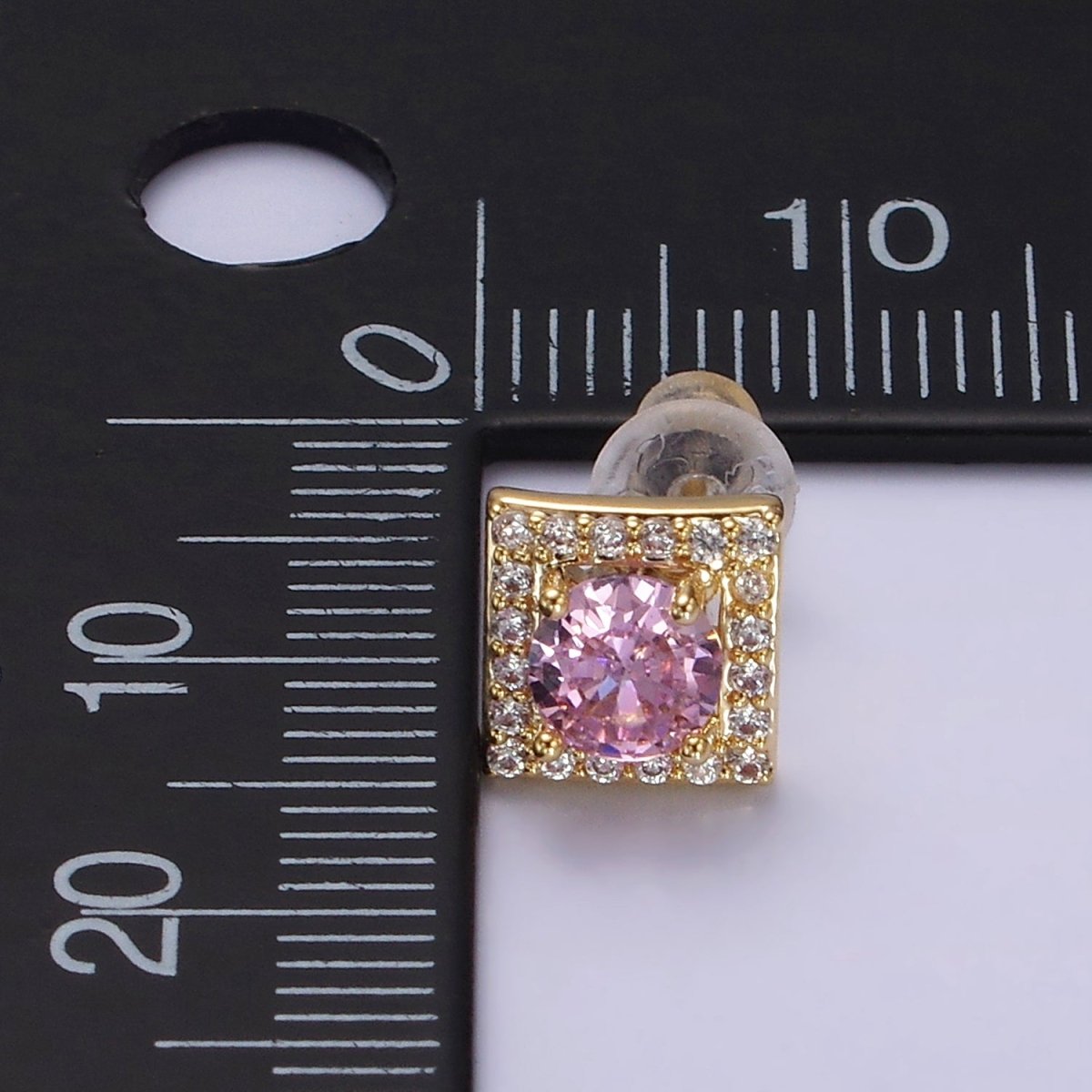 14K Gold Filled Clear, Pink CZ Micro Paved Square Stud Earrings | V273 V274 - DLUXCA