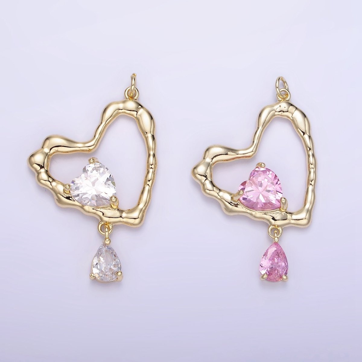 14K Gold Filled Clear, Pink CZ Open Heart Teardrop Drop Charm | AG712 - DLUXCA