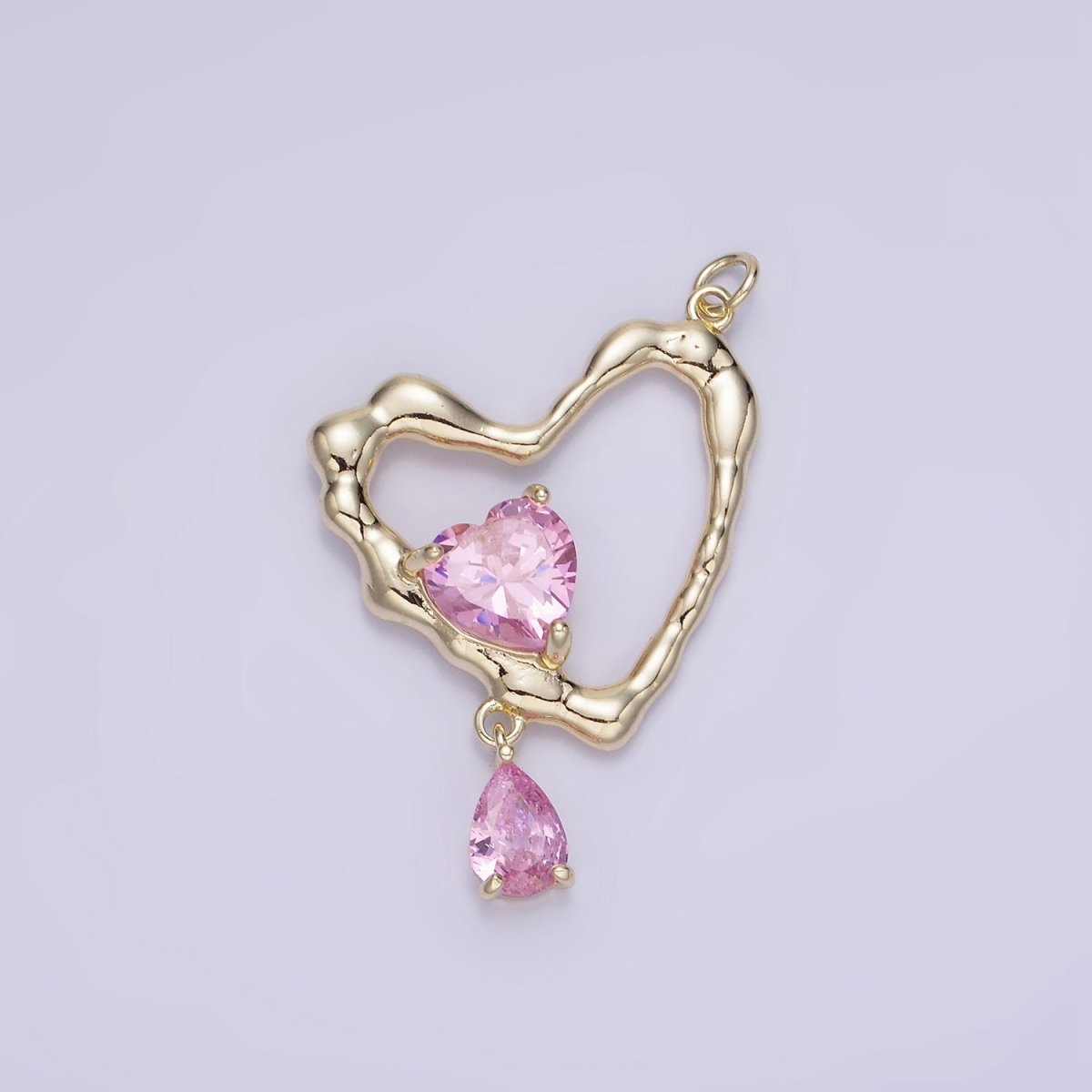 14K Gold Filled Clear, Pink CZ Open Heart Teardrop Drop Charm | AG712 - DLUXCA