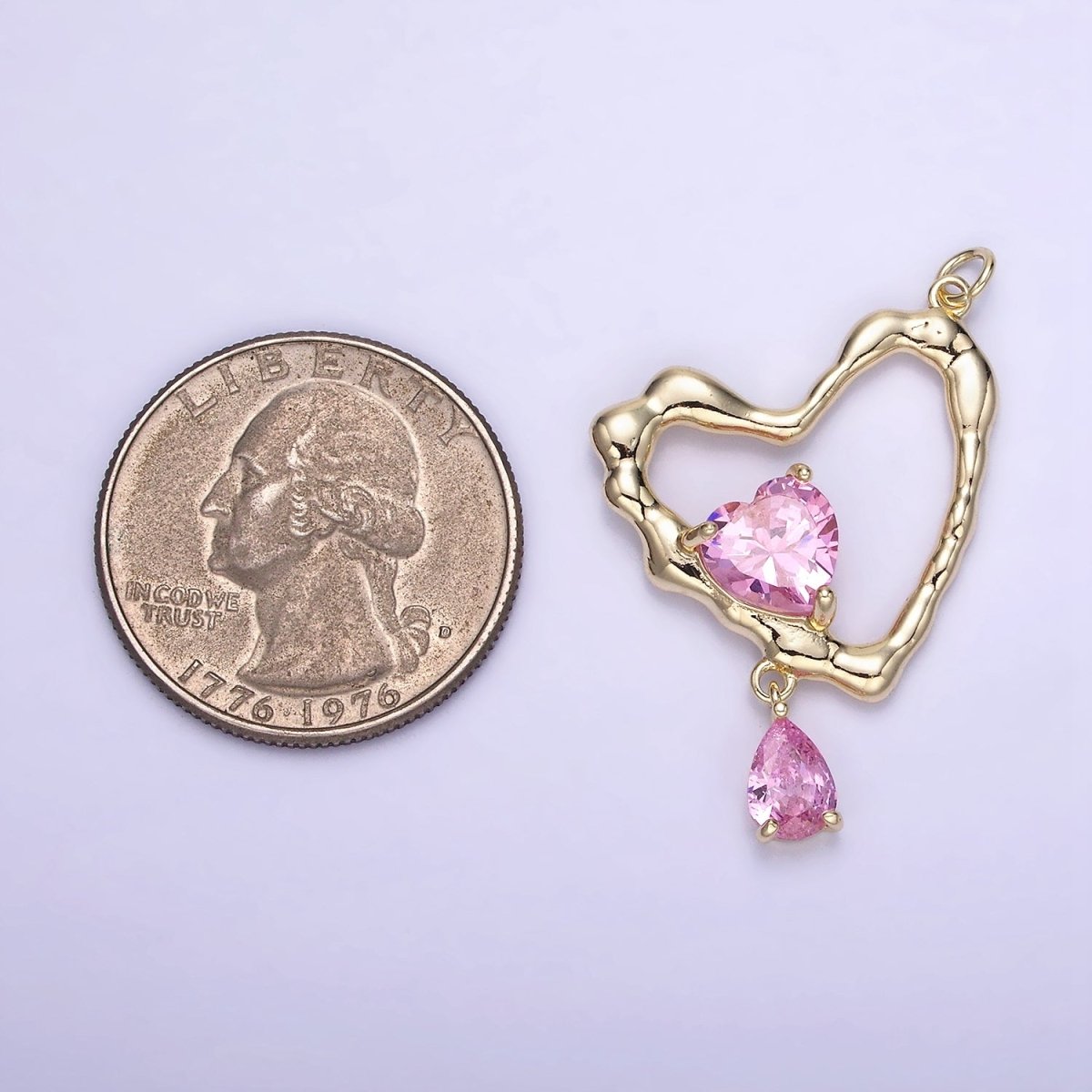 14K Gold Filled Clear, Pink CZ Open Heart Teardrop Drop Charm | AG712 - DLUXCA