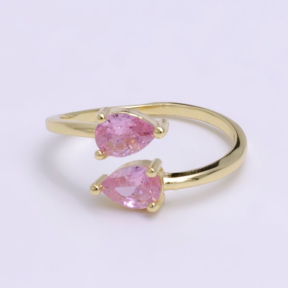 14K Gold Filled Clear, Pink Double Teardrop CZ Open Claw Ring | O1902 O1903 - DLUXCA