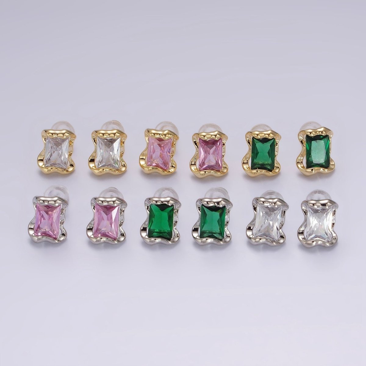 14K Gold Filled Clear, Pink, Green Baguette CZ Molten Stud Earrings in Gold & Silver | V354 - V359 - DLUXCA