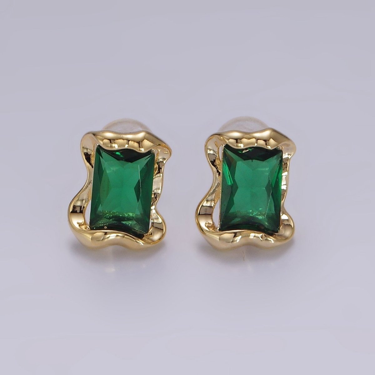 14K Gold Filled Clear, Pink, Green Baguette CZ Molten Stud Earrings in Gold & Silver | V354 - V359 - DLUXCA