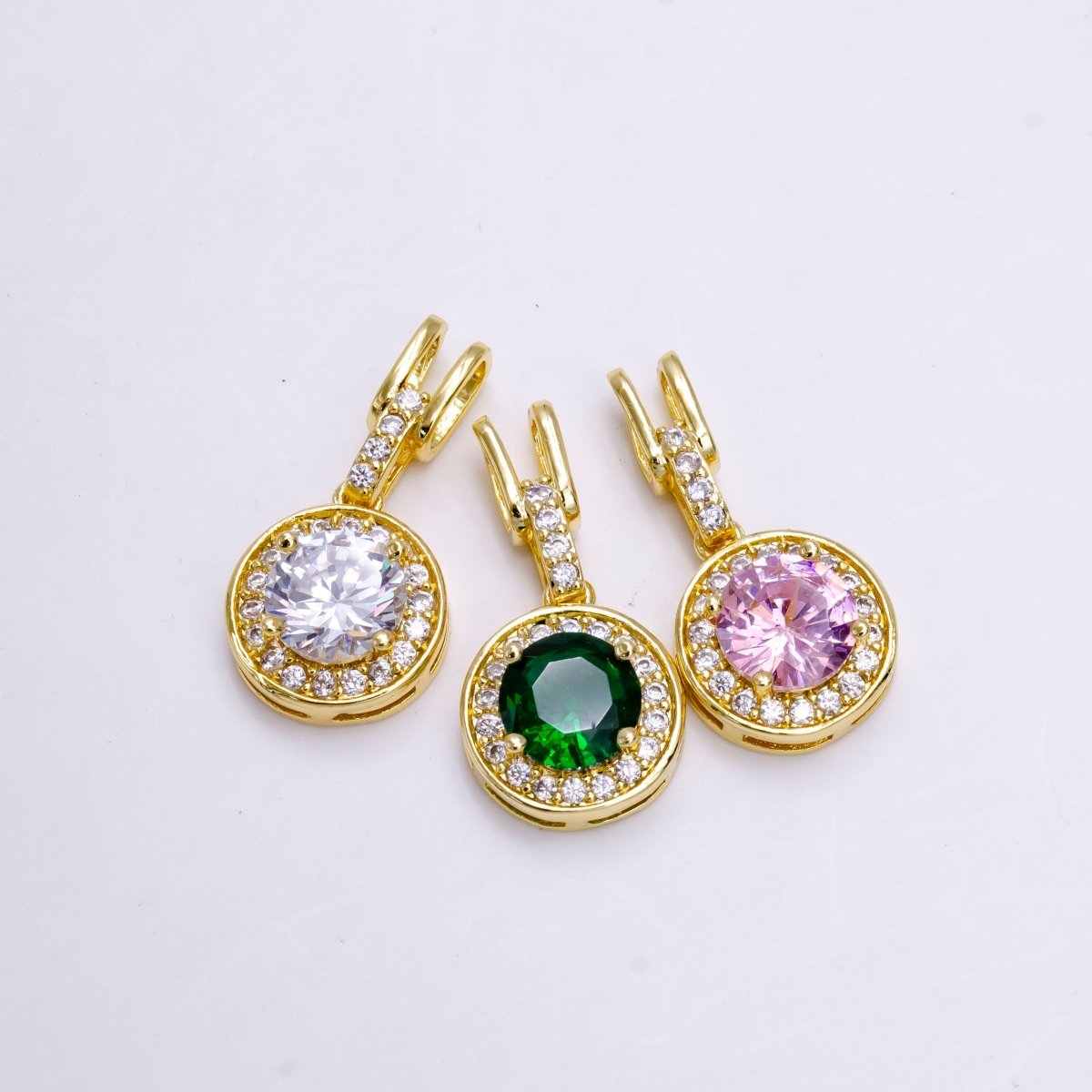 14K Gold Filled Clear, Pink, Green Round CZ Micro Paved Bail Pendant | N1465 - N1467 - DLUXCA