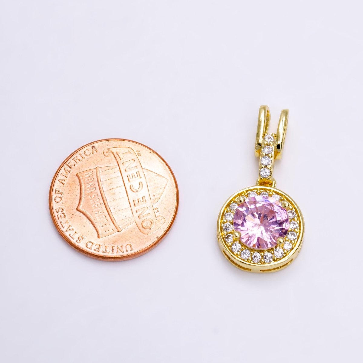 14K Gold Filled Clear, Pink, Green Round CZ Micro Paved Bail Pendant | N1465 - N1467 - DLUXCA