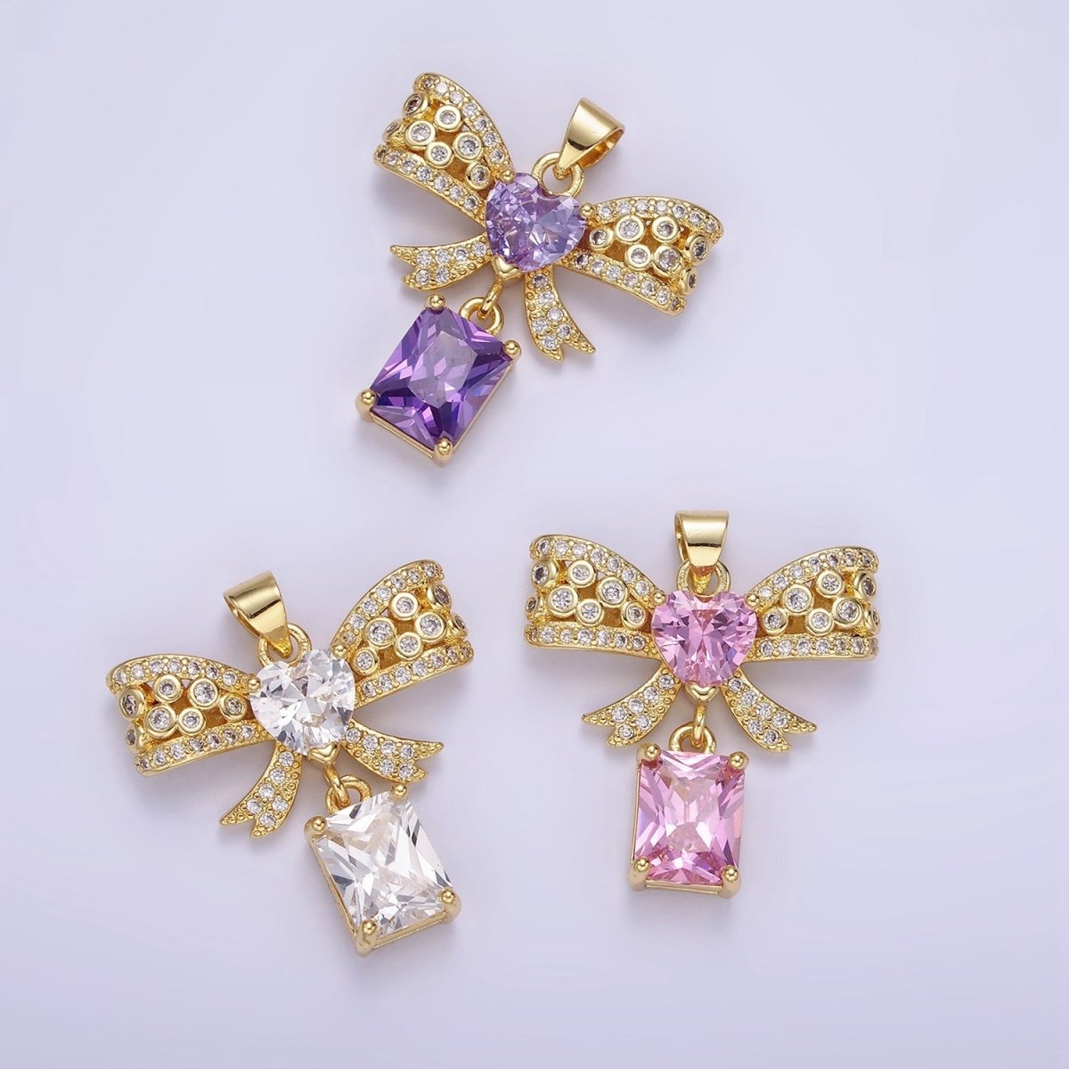 14K Gold Filled Clear, Pink, Purple Heart CZ Micro Paved Dotted Ribbon Bow Baguette Drop Pendant | AA1136 - AA1137 - DLUXCA