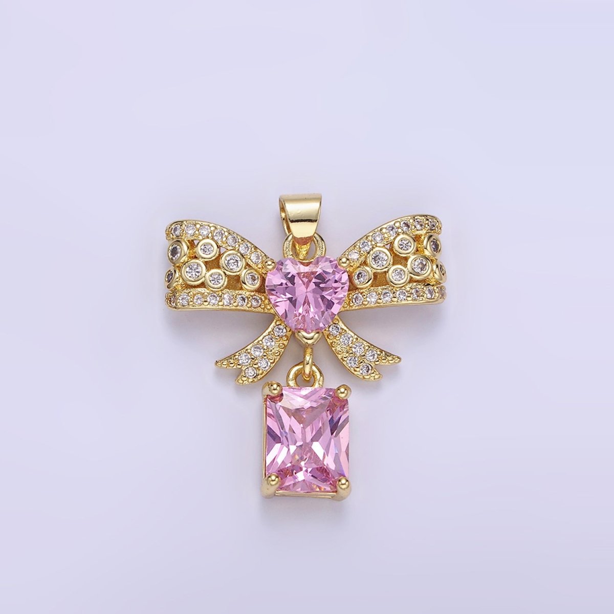 14K Gold Filled Clear, Pink, Purple Heart CZ Micro Paved Dotted Ribbon Bow Baguette Drop Pendant | AA1136 - AA1137 - DLUXCA