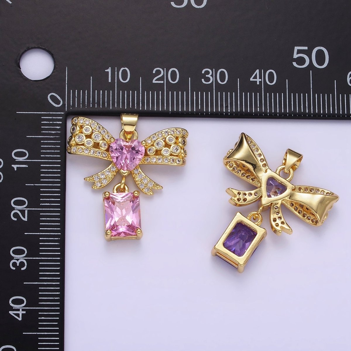 14K Gold Filled Clear, Pink, Purple Heart CZ Micro Paved Dotted Ribbon Bow Baguette Drop Pendant | AA1136 - AA1137 - DLUXCA