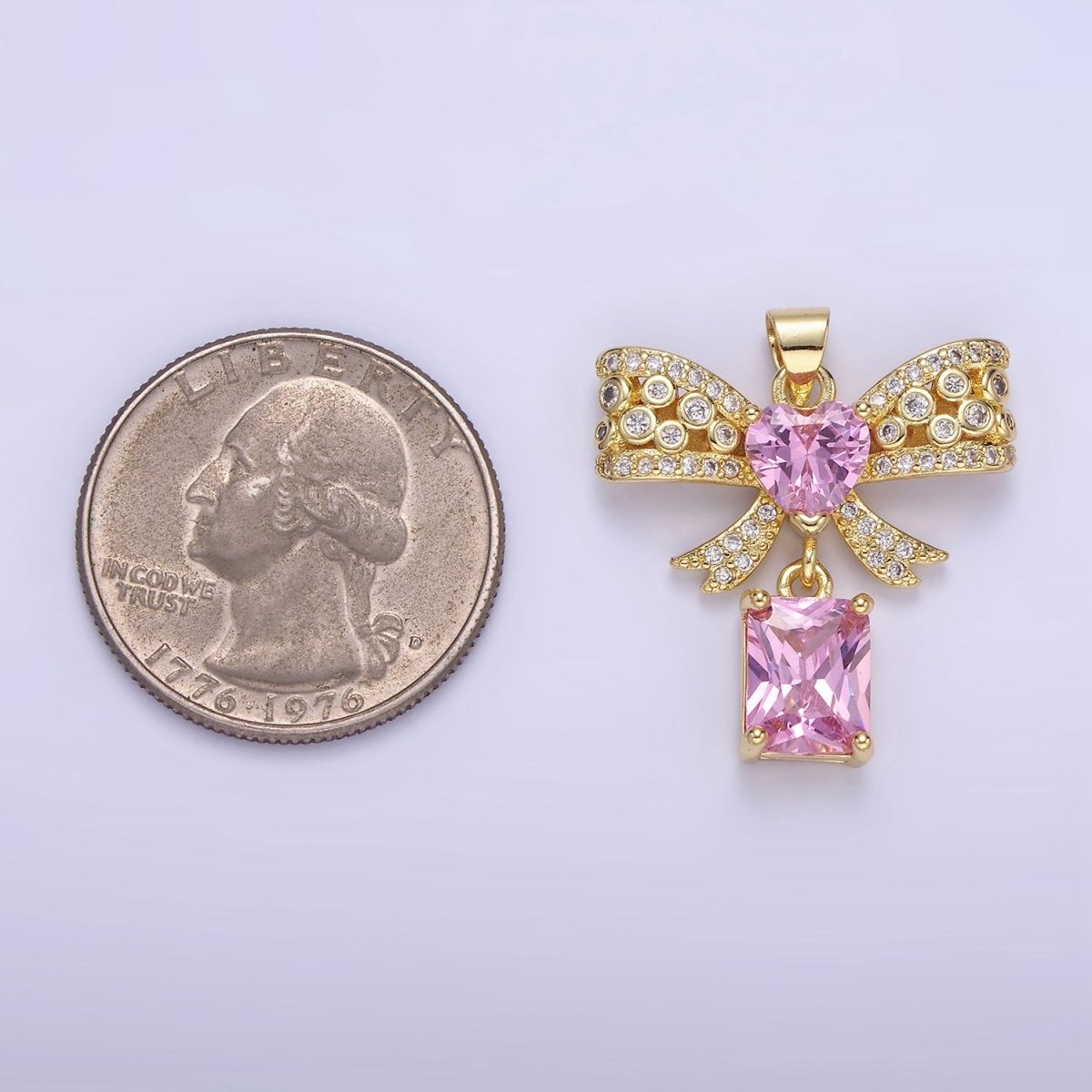 14K Gold Filled Clear, Pink, Purple Heart CZ Micro Paved Dotted Ribbon Bow Baguette Drop Pendant | AA1136 - AA1137 - DLUXCA